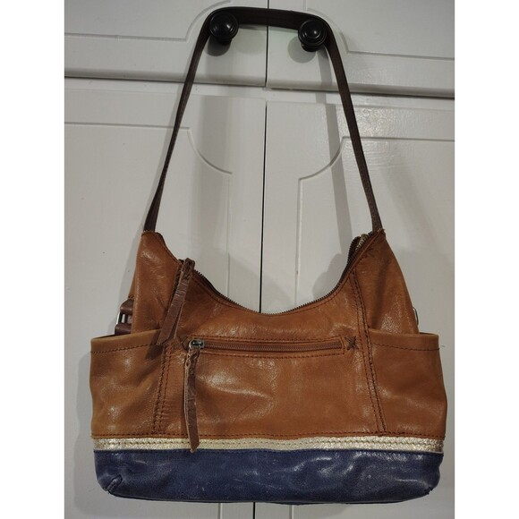 The Sak Tan and Navy  Leather Shoulder Bag with Logo Tag Purse Handbag - Picture 1 of 9